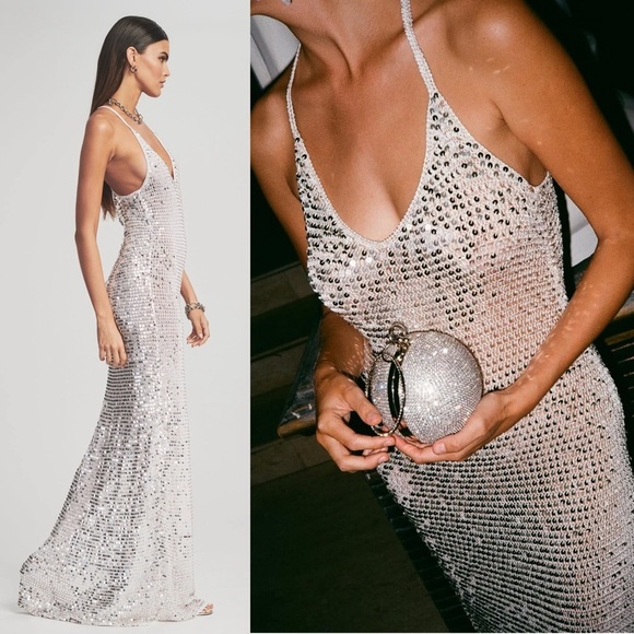 NWT RETROFETE Sequined Crochet Plunge V-Neck Cross Back Sleeveless Maxi Dress XS - Picture 11 of 16